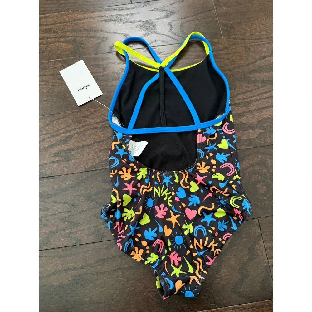 Nike Girls One Piece Swimsuit Neon Doodle Print Crossback Black NESSC715-001 XS
